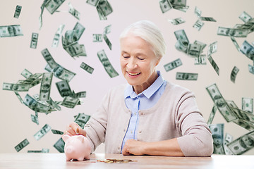 Image showing senior woman putting money to piggy bank at home