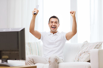 Image showing smiling man watching sports at home