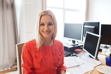 Image showing happy creative female office worker with computers