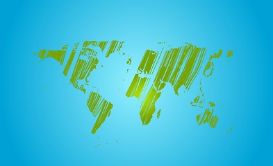 Image showing Bright green grunge world map on blue