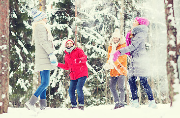 Image showing group of happy friends playing snowballs in forest