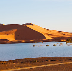 Image showing sunshine in the lake yellow  desert of morocco sand and     dune