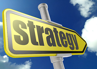 Image showing Yellow road sign with strategy word under blue sky