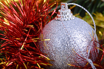 Image showing Merry Christmas and Happy New Year. New year decoration. New year balls