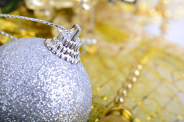 Image showing Christmas background with baubles and beauty bokeh, new year concept, close up