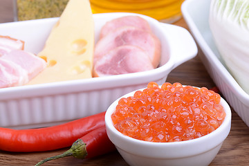 Image showing Food high in protein, sausages, cheese, red pepper, red caviar, cabbage