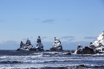 Image showing Three pinnacles of Vik with rough waves, South Iceland   