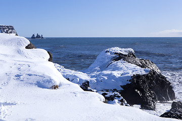 Image showing Wide shot of three pinnacles of Vik, South Iceland   