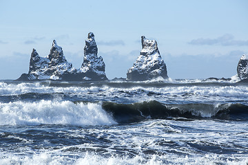 Image showing Three pinnacles of Vik with rough waves, South Iceland   