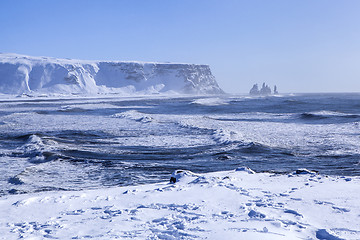 Image showing Wide shot of three pinnacles of Vik, South Iceland   