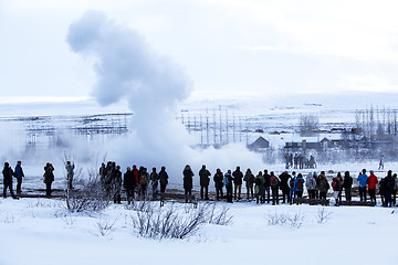 Image showing Visitors at the geyser erruption of Strokkur, Iceland