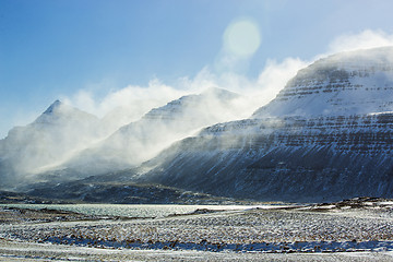 Image showing Snowy mountain landscape, East Iceland