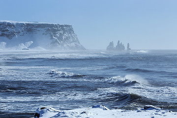 Image showing Wide lens capture of three pinnacles of Vik, South Iceland   