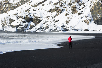 Image showing Woman walks along black sand beach in Vik, Iceland