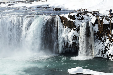 Image showing Closeup of frozen waterfall Godafoss, Iceland