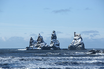 Image showing Three pinnacles of Vik, South Iceland   