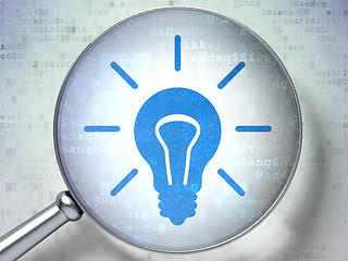 Image showing Finance concept: Light Bulb with optical glass on digital background