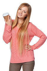 Image showing Woman holding disposable paper cup