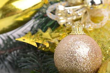 Image showing Decorated Christmas tree with various gifts. Christmas and New Year celebration. Holiday Christmas scene. Christmas gifts under the Christmas tree