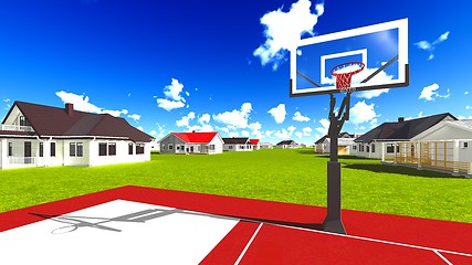 Image showing Suburban houses with basketball field