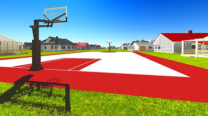 Image showing Suburban houses with basketball field