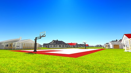 Image showing Suburban houses with basketball field