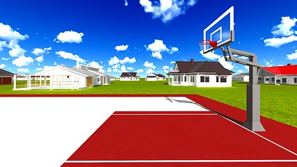 Image showing Suburban houses with basketball field