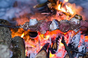 Image showing Skewers of beef, pork cooked on a campfire 