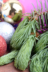 Image showing Decorated christmas tree - holiday background, green tree eve branch close up with christmas balls 