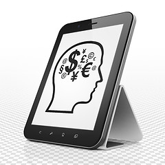 Image showing Marketing concept: Tablet Computer with Head With Finance Symbol on display