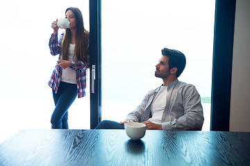 Image showing relaxet young couple drink first morning coffee