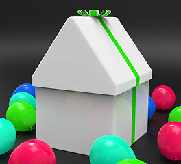 Image showing House Giftbox Indicates Surprise Giving And Greeting