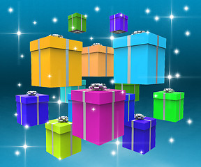 Image showing Celebration Giftboxes Indicates Fun Surprise And Surprises