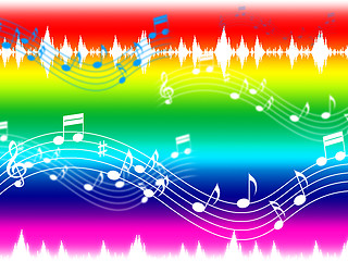 Image showing Rainbow Music Background Shows Musical Piece And Instruments\r