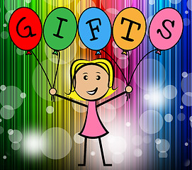 Image showing Gifts Balloons Indicates Young Woman And Kids