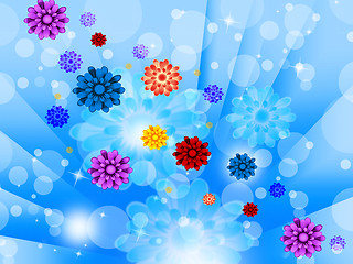 Image showing Blue Flowers Background Shows Glow Beams Bubbles And Pretty\r