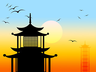 Image showing Pagoda Silhouette Represents Zen Japanese And Profile