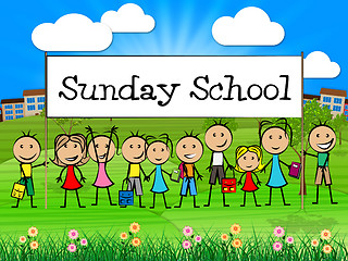 Image showing Sunday School Banner Represents Prayer Praying And Youngsters