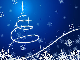 Image showing Blue Christmas Tree Background Means Snow Flakes And December\r