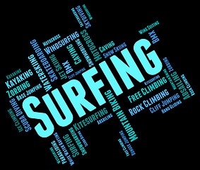 Image showing Surfing Word Represents Wordcloud Surfboard And Surfers