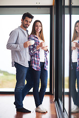 Image showing relaxet young couple drink first morning coffee