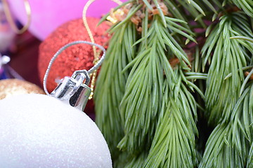 Image showing Closeup of beautiful Christmas baubles, Decorated christmas tree, holiday background, green tree eve branch close up with christmas balls 