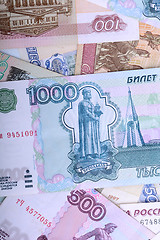 Image showing Russian money background. Rubles banknotes closeup texture