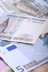 Image showing Heap from dollars, the Russian rubles and euro