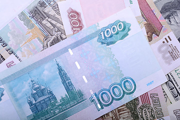 Image showing Dollars, euros, russian roubles - Money of the world