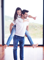 Image showing happy young romantic couple have fun and  relax at home