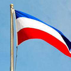 Image showing french waving flag in the blue sky  france  colour and wave