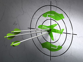 Image showing Insurance concept: arrows in Airplane And Palm target on wall background