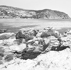 Image showing in greece the mykonos island rock sea and beach blue   sky