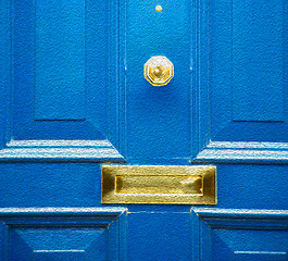 Image showing  blue handle in london antique brown door  rusty  brass nail and